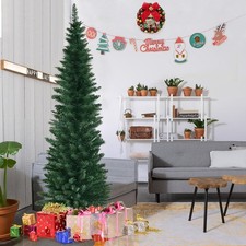 Slim Pencil Christmas Tree Artificial Indoor Outdoor Spruce W/ Metal Stand 4-7FT