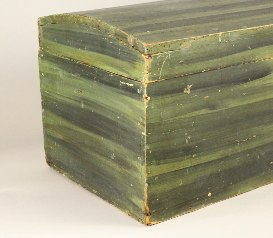= Antique C. 1800 Pine Trunk Chest Grain Painted Green Dome Top - Image 4 of 4