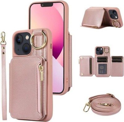 Wallet Case  iPhone 13 6.1 '' w/  Strap Ring Buckle Luxury,Rose Pink, Womens