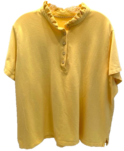 Lands' End Women's 3X (24W-26W) Yellow Cotton Blend Short Sleeve Ruffle Neck Top