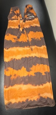 Boho Tie Dye Halter Maxi Dress Women's Small Yellow Orange Smocked Open Back
