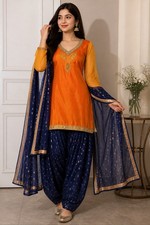 Women  s Orange  Blue Salwar Kameez Set Net Sleeves w/ Dupatta Size M