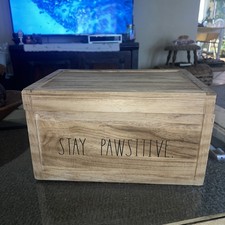 Rae Dunn Stay Pawsitive Dog Toy Treat Wooden Box Wood Crate Storage Hand Holes