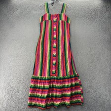 Multicolor Maxi Dress Womens Medium Button Front Sleeveless Pockets Retro Boho