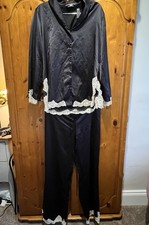 Boux Avenue Luxury Black Satin Cream Lace Trim PJ Set Women  s Size 12
