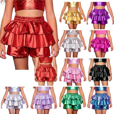 Mädchen Rock Metallisch Skort Alltagskleidung Shorts Rock Mit Shorts Glänzend - Bild 1 von 3