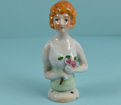 Antique Pincushion  Victorian Porcelain Pin Cushion Half  Doll Marked Japan 3.5 