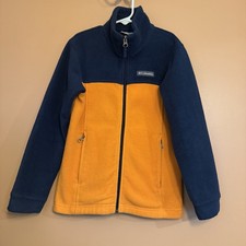 Columbia Fleece Jacket Boys Size Small 8 Navy Blue Orange Colorblock Full Zip