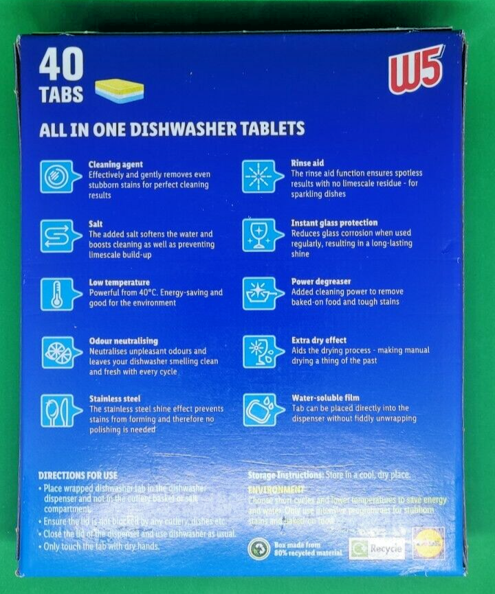 W5 Dishwasher Tablets 40 Pack Tabs All In One Salt & Rinse Aid Soluble