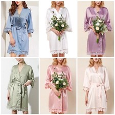 Women Satin Brides Bridesmaid Sleeping Robes Pajamas Gift With Lace Sleeves