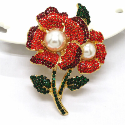 New Red Rhinestone & Pearl Two-Flower Brooch - Fashion Crystal Women's Charm Pin