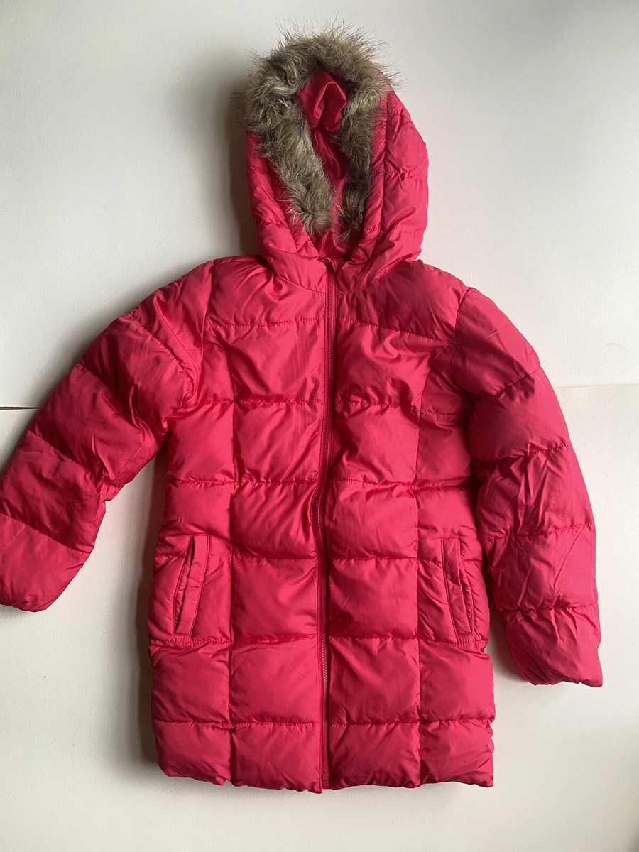 Girls Gap Kids Pink Long Puffer Jacket with Faux Fur Hood Size XXL