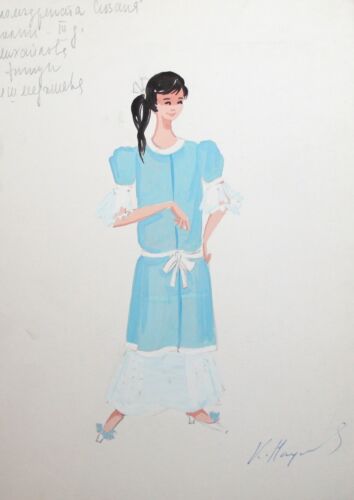 VINTAGE GOUACHE PAINTING GIRL DRESS COSTUME DESIGN SIGNED - Afbeelding 1 van 9