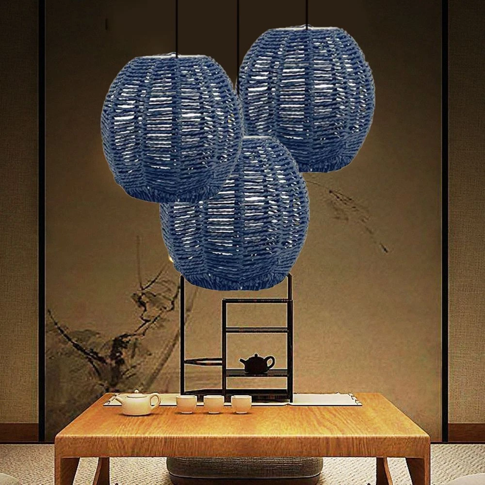 Bedroom Woven Chandelier Vintage Simulated Rattan Black Lampshade