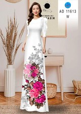 Ao Dai Vietnamese Silk Print 3D , Designer Flowers Long Dress With Pants