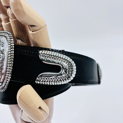 Brighton Womens S 28 Belt Croc-Embossed Black Leather Silver 