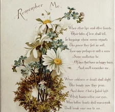 Remember Me Lithograph Victorian Art Print c1850-1870s Poem Chrysanthemum DWN10A