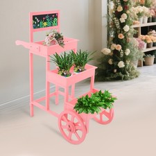 3-Tiered Flower Cart Display Stand with Wheels, Plant Rack with Blackboard Pink