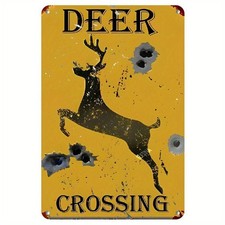 Rustic Deer Crossing Metal Tin Sign Retro Yellow Warning Wall Art Easy To Hang