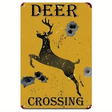 Rustic Deer Crossing Metal Tin Sign Retro Yellow Warning Wall Art Easy To Hang
