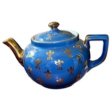Vintage HALL China Teapot Blue Gold Fleur De ...