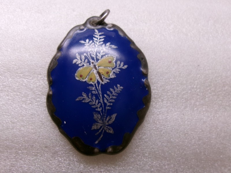 Bavaria Porcelain Pendant Yellow Butterfly Handgemalt Colbalt Blue Silver Fern