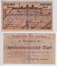 200000 Mark Banknote Gerthe Bergbau Aktiengesellschaft Lorraine 1923 (171306)