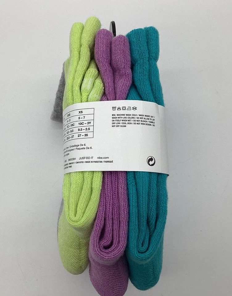 Pacote com 6 meias acolchoadas Nike Dri-FIT Youth Crew femininas multicoloridas 10C-3Y - Imagem 4 de 4