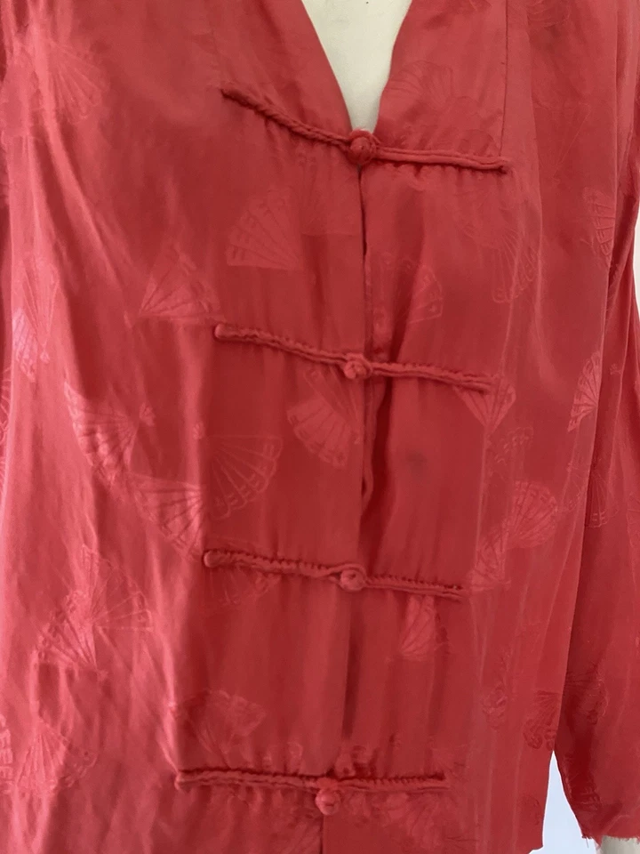 Conjunto de pijama de seda vintage rosa asiático chino dinastía años 50 parte superior inferior abanico estampado como está Foto 4 de 4