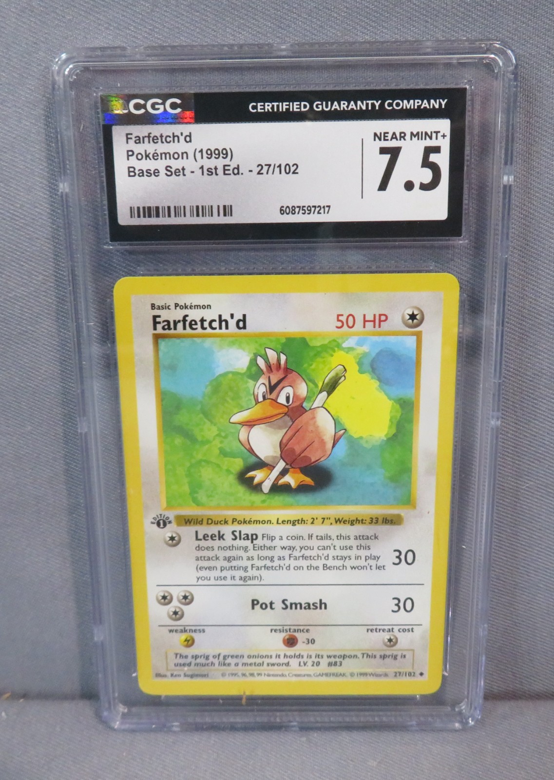 FARFETCH'D Pokemon 1999 Base Set 1st Edition 27/102 Shadowless Card CGC 7.5 NM+