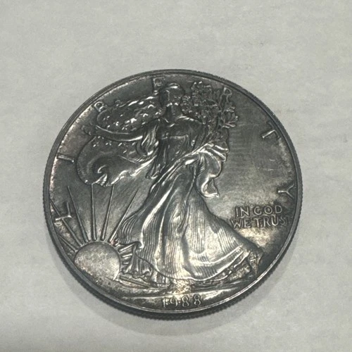 1988 American Silver Eagle $1 Coin, 1 oz .999 Silver, Uncirculated, Toned.