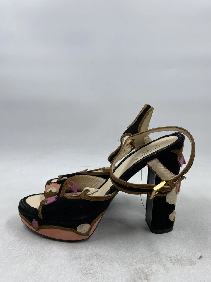 Prada Suede Floral Platform Buckle Heel W 7.5 - Image 3 of 4