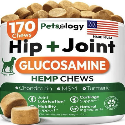 Petsology Hip + Joint Glucosamine Hemp Soft Chews for Dogs, 170 Count