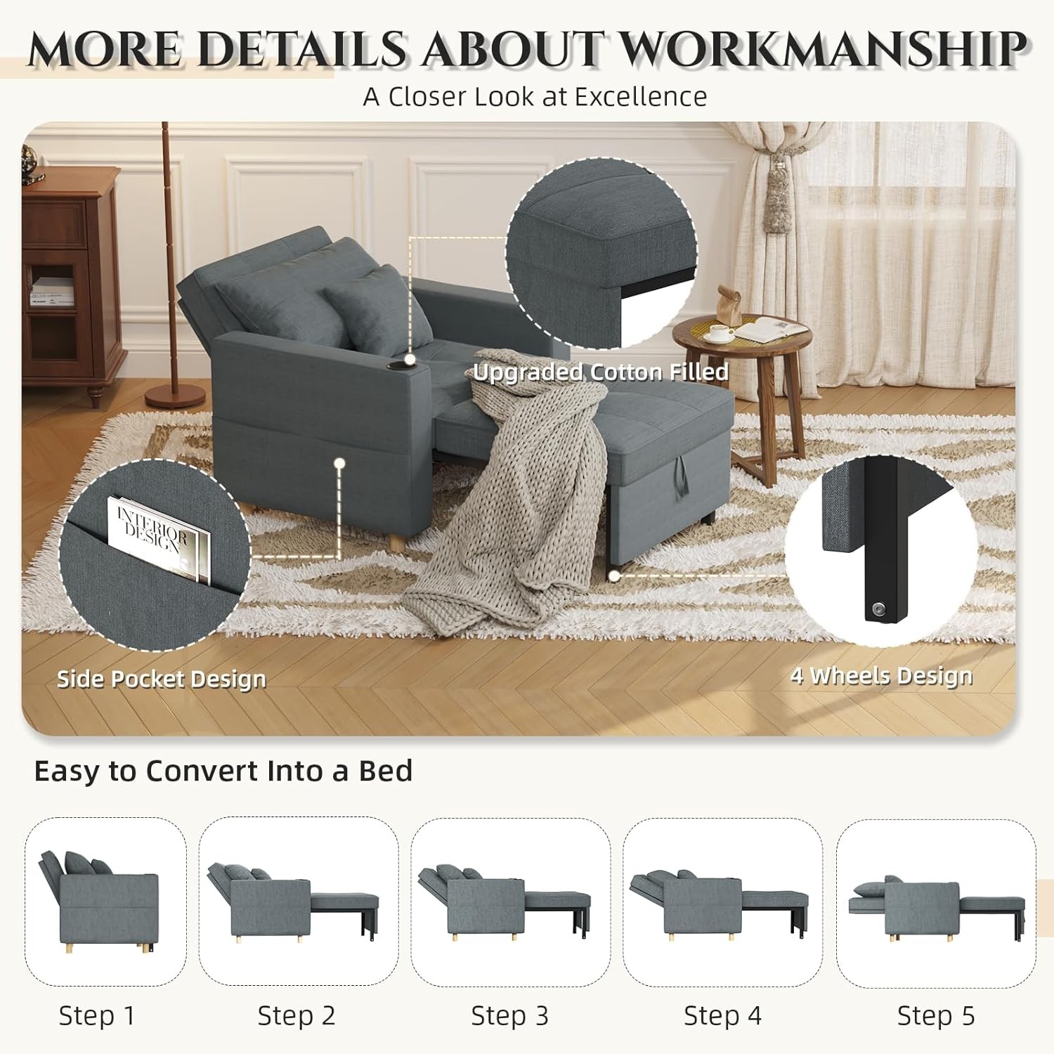 Sleeper Chair Extra Wide Convertible Chair Bed 3-in-1 Pull Out Single Sofa