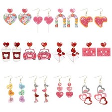 Valentine's Day Glitter Earrings - 12 Pairs Cute Conversation Candy Heart