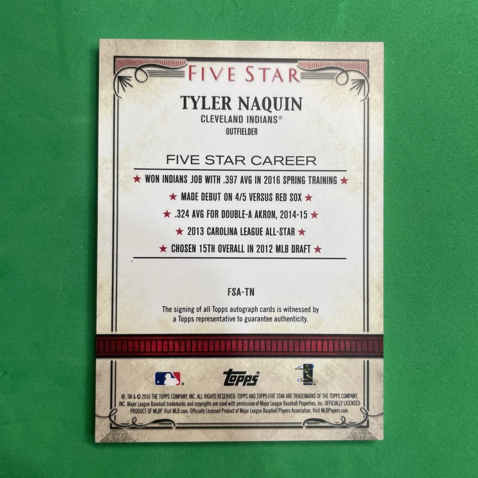 2016 Topps Five Star Autographs Emerald #FSATN Tyler Naquin Rookie Card 1/5 - Image 4 of 4