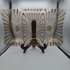 Vintage Georges Briard Gold Bird Partridge Glass Divided Dish Plate Tray Stripe