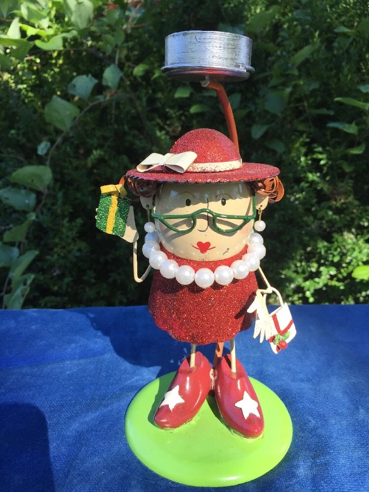 Sombrero Rojo Dama Metal Yankee Candelabro Tealight Soporte Brillo Cuerno Borde Vidrio Antiguo Foto 3 de 4