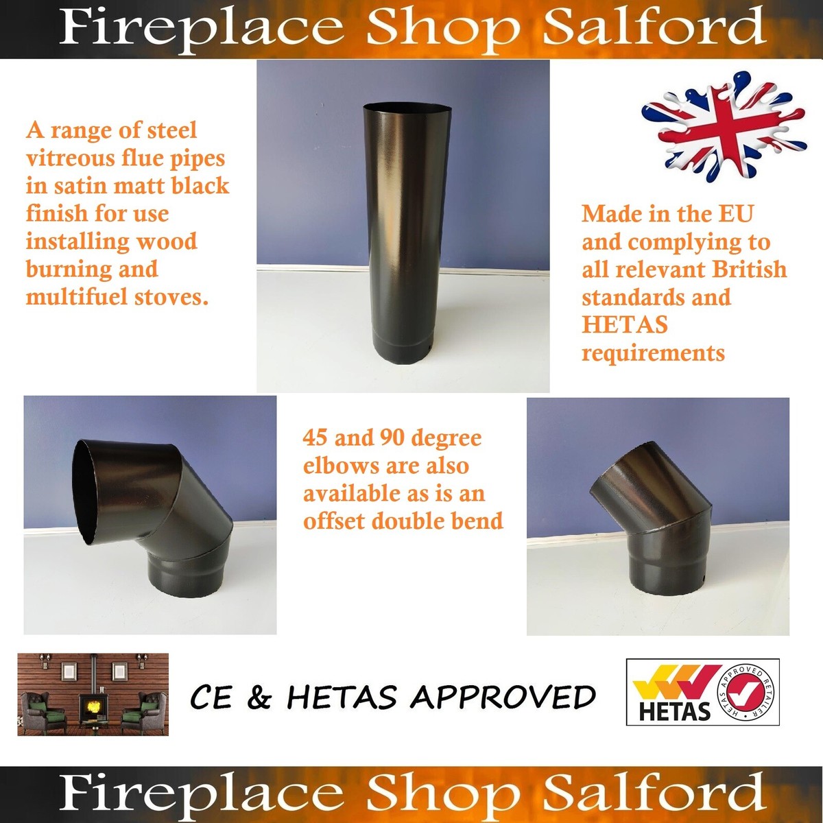 5 inch 6u0026#034; 125mm 150mm satin matt black stove flue pipe wood burner or  multifuel | eBay