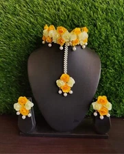 Women fashion flower  earrings tika bracelets necklace haldi mehandi babyshower