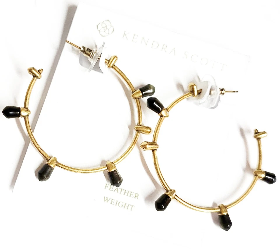 Brincos de argola de pedra Kendra Scott obsidiana dourada vintage latão folheado a ouro novo com etiquetas - Imagem 2 de 4