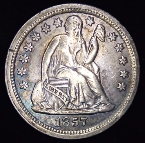 1857 Liberty Seated Dime, Good Detail, Toning, Never Cleaned
