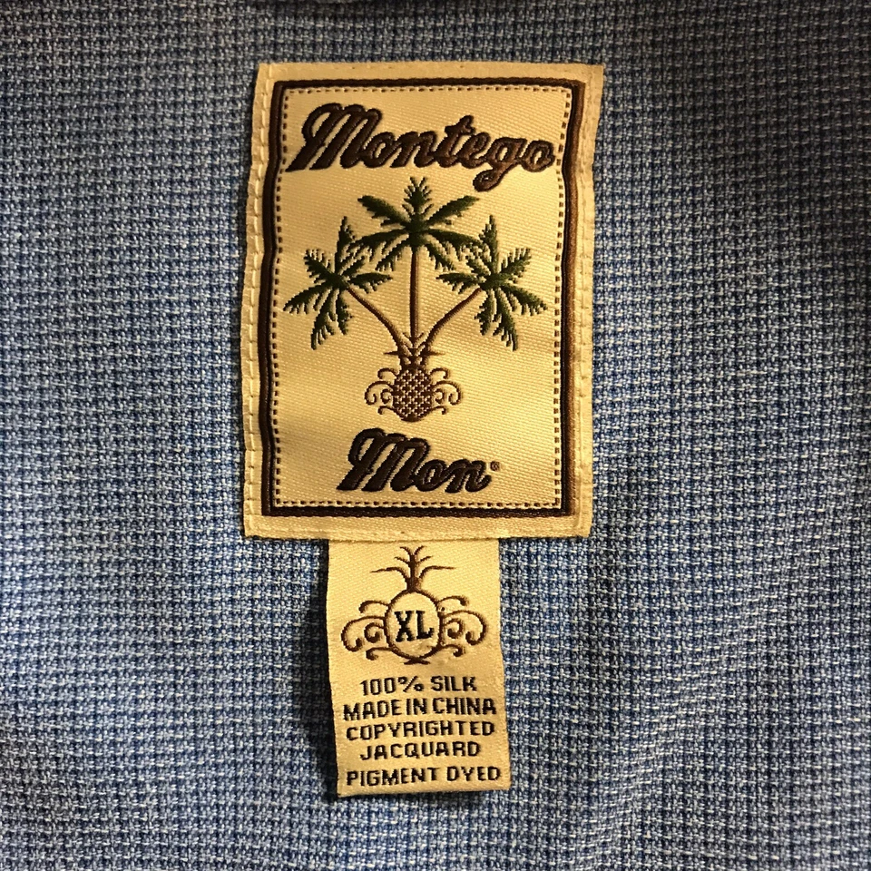 Camisa de campamento hawaiana Montego Mon 100 % seda jacquard azul costera para hombre talla XL Foto 4 de 4
