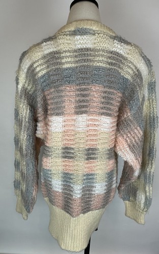 Vintage 80s Nubby Tweed Cardigan Sweater M Pastel Plaid Fuzzy Boucle Grandma - Picture 9 of 15