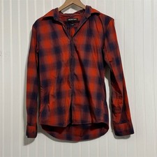 Michael Kors Men's S Slim Fit Red Navy Plaid Flannel Shirt Cotton Grunge