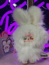 Baby Three Super Mini Rabbit: White ‘Q’ Bunny, Special Eyes. With Bagchain, NEW