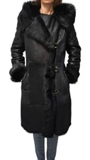 Black genuine Toscana sheepskin shearling coat with hood Size M