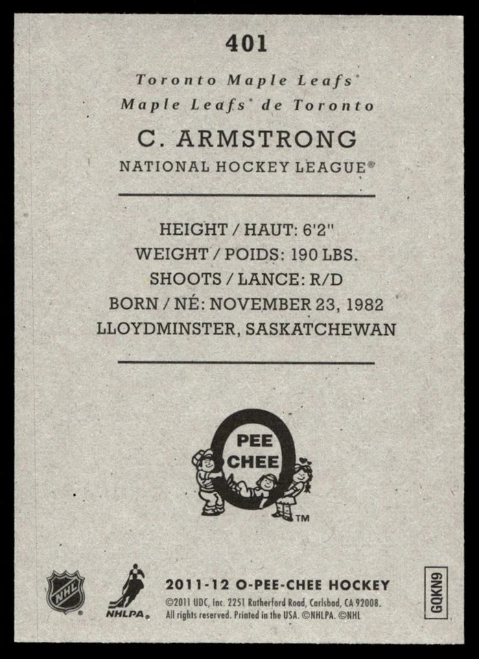 2011-12 O-Pee-Chee Retro Colby Armstrong Toronto Maple Leafs #401 - Image 2 of 2