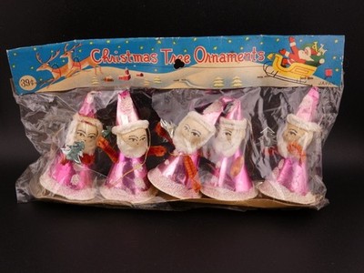 Vintage Christmas Spun Cotton Pink Pixie Elf Santas with Foil Tree Japan Package