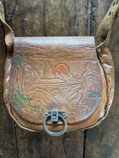 Vintage Hand Painted Leather Crossbody Bag Floral Tooled Leather Purse Boho Boho